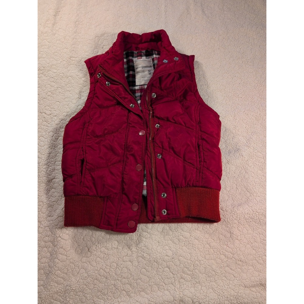 VTG Y2K Aeropostale Red Quilted Puffer Vest Plaid Flannel Lined Full Zip Snap M